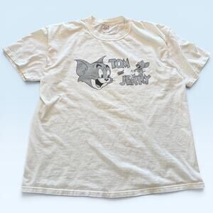 Tom And Jerry Shirt Mens XL White Cartoon Tee T-Shirt Anvil Hanna Barbera